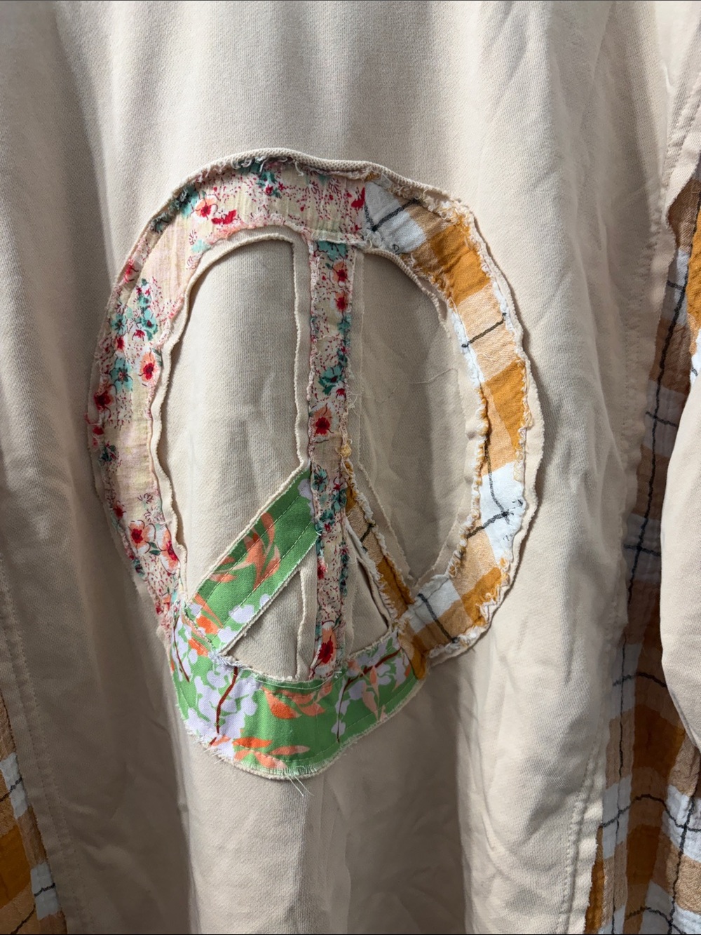 easel Beige Patchwork Peace Sign Pullover with Mustard Plaid never worn - Picture 2 of 9